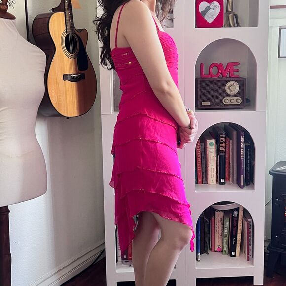 Vintage Sue Wong Pink Ruffle Beaded Silk Midi Dress Sz 8 90s Y2K Fairy Evening - Picture 3 of 10